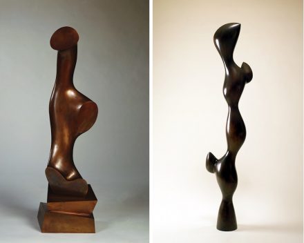 Left: „Daphne“, 1955, Bronze. 47 3/16 x 13 x 11 3/4 in. (119.8 x 33 x 30 cm). Stiftung Arp e.V., Berlin/Rolandswerth. © 2018 Artists Rights Society (ARS), New York/VG. Photo: Wolfgang Morell/ Stiftung Arp e.V., Berlin/Rolandswerth. Right: „Torso with Buds“, 1961. Bronze. 74 x 12 5/8 x 11 7/8 in. (188 x 32 x 30.5 cm). Raymond and Patsy Nasher Collection, Nasher Sculpture Center, Dallas. Photo: David Heald
