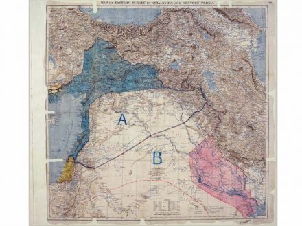 „Map of Eastern Turkey in Asia,Syria and Western Persia“ showing Sykes-Picot line 1910 –1916, London. © The National Archives, UK