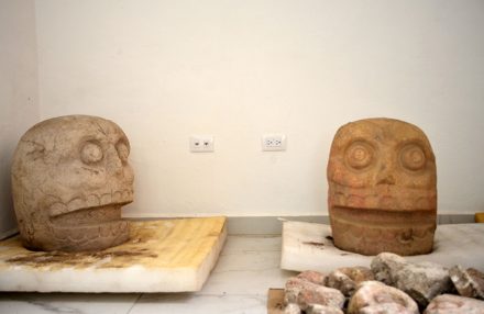 Sculptures (left: probably volcanic rock Rhyolite) depicting Xipe-Totec's skinned head.