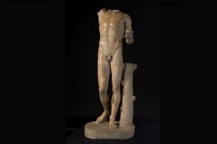 The sculpture in its current headless state, missing its right arm. Roman, Statue of Bacchus, 2nd century, marble, gift of Dr. and Mrs. John D. Humber