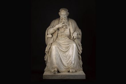 „Saul under the Influence of the Evil Spirit“, William Wetmore Story, modeled 1858–63; carved 1864–65, marble with original marble base in three sections, H. 64 x W. 34 x D. 64 1/2 in; base: H. 34 1/2 x W. 39 1/4 x D. 68 3/4 in., North Carolina Museum of Art.