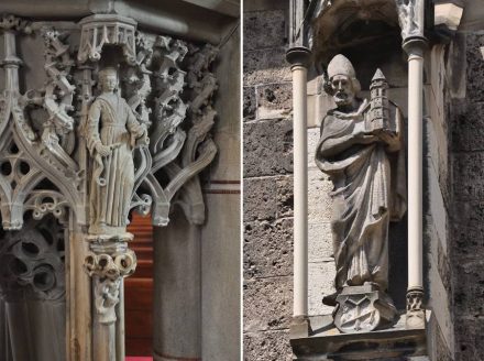 Bad Urach, Amanduskirche: Figuren an der Kanzel (links) und an der Außenfassade (rechts).