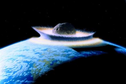 Künstlerische Darstellung eines gewaltigen Meteoriteneinschlags auf der Erde. Quelle: Don Davis, Nasa / <a href="https://commons.wikimedia.org/"target="_blank">Wikimedia Commons</a>