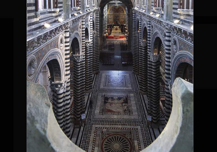 The world-famous mosaic floor in the Cathedral of Siena is again completely open from August to October like every year