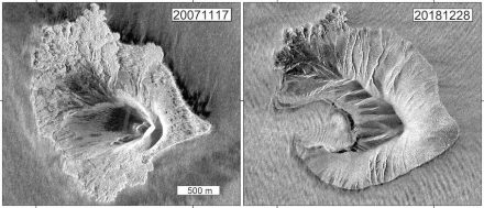 Radaraufnahmen des deutschen TerraSAR-X-Satelliten zeigen die Form des Anak Krakatau vor (links) und nach dem Flankenkollaps (rechts). Source: Datengrundlage TerraSAR-X (DLR), Bildbearbeitung: GFZ