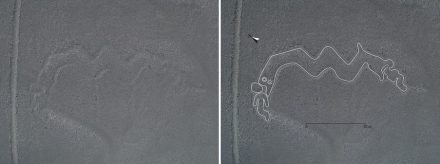Zweiköpfige Schlange mit Humanoiden. Rechts: Bild nach Bearbeitung.