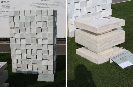 University of Rome La Sapienza: „Stone Silence, acoustic façade panel“ (left), „Suspended Stone, marble stool“.