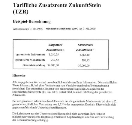 Beispielrechnungen Zusatzrente „ZukunftStein“.