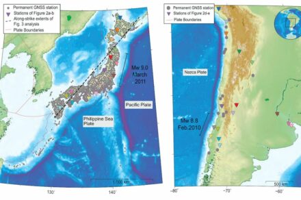 GNSS Stations are densely located in Japan. In Chile they are more sparsely located. In both cases, however, they provided exact data for measuring direction and speed of ground motion. Source: Bedford et al. 2020, Nature