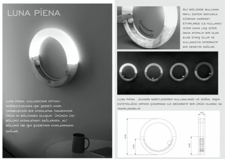 1. Preis, Studenten: „Luna Piena“ von Simay TOKUŞ: indem der Benutzer mit der Helligkeit spielt, kann er auch mit der Wirkung des Marmors spielen. Zur Einstellung der Helligkeit dient ein Schienensystem mit einer Kugel im unteren Teil der Lampe. Trennwände erlauben feste Einstellungen.