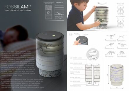 Design-Profis, lobende Erwähnung: „Fossilamp“ von İlker TORUK: Eine Lampe für die Fans der Dinos mit drehbaren Ringen und einem Lichteffekt, mit dem die Tiere quasi verschwinden lassen kann. Der Fuß aus Terrazzo symbolisiert die Erdoberfläche.