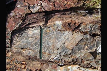 3,5 Milliarden Jahre alter Baryt (unten) mit versteinerter mikrobieller Matte (oben) aus der Dresser-Formation in NW-Australien. Foto: Helge Missbach