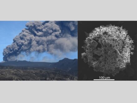 Volcanic plume associated with the April-May 2010 eruption of Eyjafjallajökull volcano (Iceland) and Scanning Electron Microscope image of a typical ash cluster made of micrometric volcanic particles collected on an adhesive paper during fallout. Credit: UNIGE, Costanza Bonadonna