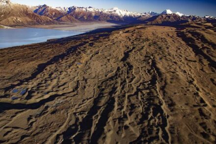 Moraines constructed during repeated advance-retreat cycles of one of the glaciers that extended out from the Southern Alps in New Zealand during the last ice age. Photo: Aaron Putnam