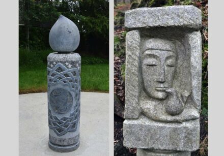 Left: Ruairi Dennison: “Candle“, limestone. Featuring a tree of life motif, sun, moon, stars, and a centre panel from the Book of Durrow surrounded by a design of never-ending interlacing knotwork. Right: Imogen Stuart: “St. Kevin and the Blackbird“, granite. The saint who is reputed to have had a special bond with wildlife.