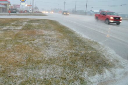 Street flooding in Ludington, Michigan, during the Lake Michigan meteotsunami event on April 13, 2018. Photo credit: Debbie Maglothin.