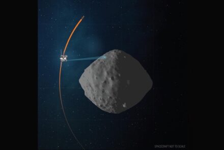 This artist's concept shows the planned flight path of NASA's OSIRIS-REx spacecraft during its final flyby of asteroid Bennu, which is scheduled for April o7. Source: NASA/Goddard/University of Arizona