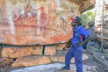 Young Dakal clan landowner Desmond Lindsay visits this site on his country for the first time. Source: Mimal Land Management Aboriginal Corporation (MLMAC)