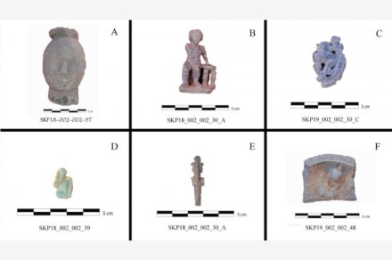 Materials recovered from the Large Temple: a) "Nubian" head in steatite; b) steatite goddess figurine; c) figurine of a god riding an animal; d) faience Harpocrates amulet; e) bronze Osiris amulet; f) steatite dish. Source: Delia Eguiluz Maestro and Adriana Molina Pérez