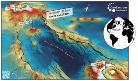 Dreidimensionale Karte des jungen submarinen Dehnungsbeckens des Hirondelle Basin mit dem jungen Vulkan Joao de Castro und den Vulkaninseln Terceira und Sao Miguel in den Azoren, Atlantischer Ozean. Quelle: Karsten Haase