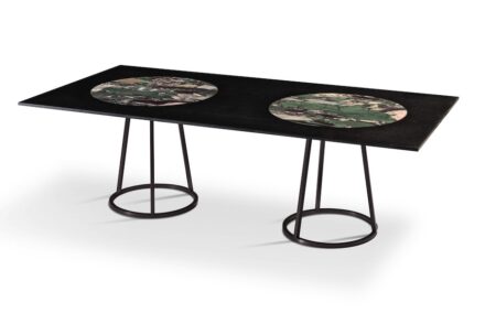 Budri and Maarten De Ceulaer: “Pantheon Rectangular”. Rectangular living table, background in Nero Belgio marble, circles in Opera d'Arte marble. Table feet in brushed metal, matt black.
Dimensions: 47,2 x 94,4 x h 30 inch - ø foot base 22,6 inch.