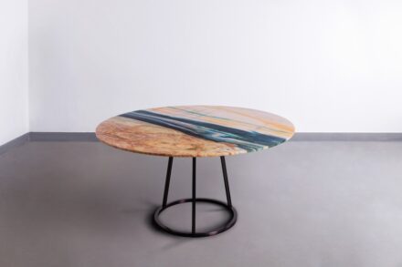 Budri and Maarten De Ceulaer: “Pantheon Round”. Round living table in Louis Blue marble. Table feet in brushed metal, matt black. Dimensions: ø 60 inch x h 29,5 inch - ø foot base 25 inch.
