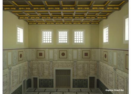 Rekonstruktion des Saals für Repräsentation und für Gastmahle im Hanghaus 2 in der antiken Stadt Ephesos. Grafik: Ivan E. Iliev