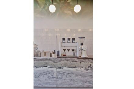 CID awards 2021, design category, Commercial Stone Design: Stereoscope Coffee Wick Architecture and Design Inc. in collaboration with Land Design Studio Newport Beach, CA.