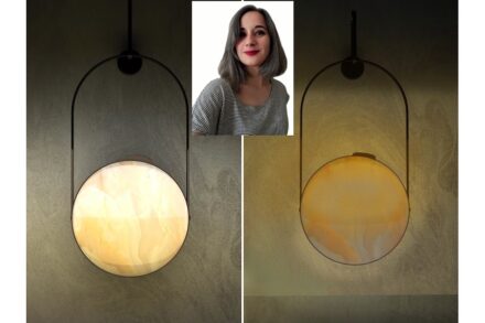 Winner Elif Bozkurt, Company Alpay Mermer: lamp “Day and Night“ made of beige Onyx with a foil on the back. When the lamp is turned, the light changes.