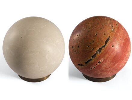 Salvatori: “Gravity Zodiac.“ Left: “Scorpio“, Sign of the Scorpion, Ruling Planet: Mars, Stone: Botticino. Right: “Aries“, Sign of the Ram, Ruling planet: Uranus, Stone: Red Travertine.