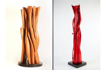 Pablo Atchugarry, left: “The Giant of Nature“, cherry wood, 173 x 54 x 62 cm; right: “Untitled“, bronze with paint, 190 x 24 x 20 cm.