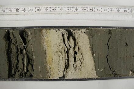 A light ash layer is visible in this drill core from the Caribbean island of Montserrat.