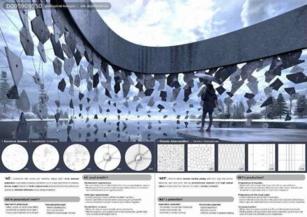 Category Professionals (recycling of waste), Ahmet Ünveren: Marble curtain in the net of steel cables (Title: “AǦ“).