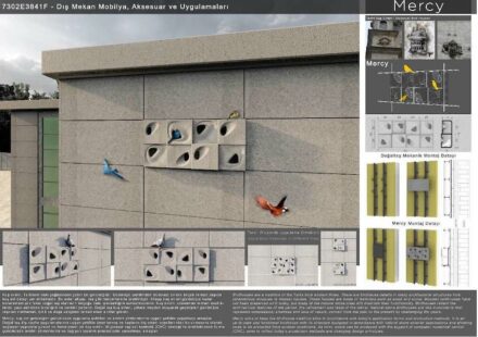 Category Students (outdoor objects), Kemal Şayli: “Mercy“ adds an element for birds' nests to the usual ventilated facade cladding. It ties in with the tradition of creating nesting opportunities for animals on mosques, for example.