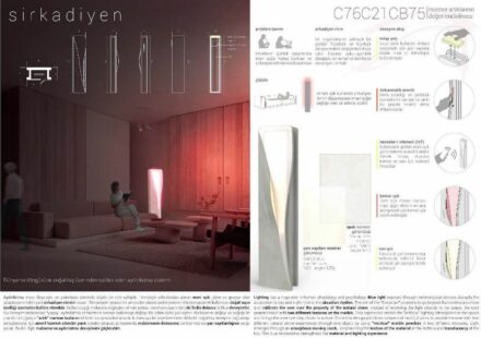 Category Students (utilization of waste), Merve Turan and Merve Hilal Aktaş: “Sirkadiyen“ is a floor lamp where the light comes out as if from a light in the column. Part of the stone is translucent, producing a variant of light.