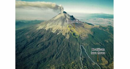 Popocatépetl volcano from the NE and the El Ombligo alignment of vents from which the Nealtican lava-flow field emanated. Photo: John Ewert, 1994