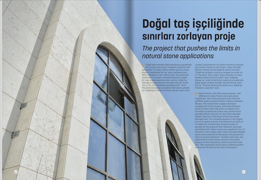 Turkish Stone World magazine reports (#114) about the Memur Kardesler Mosque in Izmir clad in Travertine