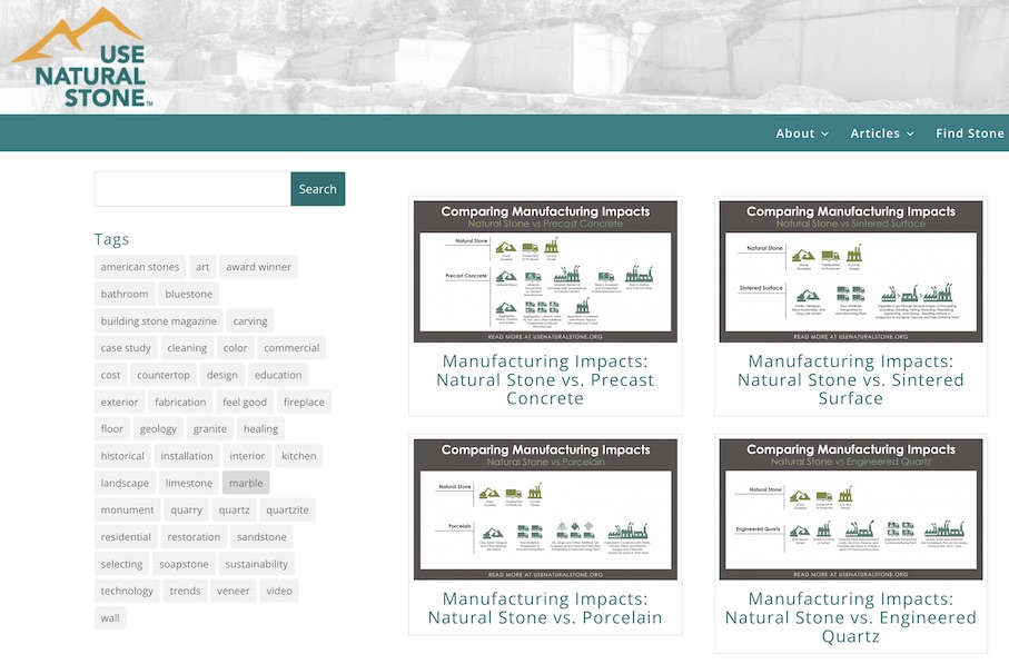 The webpage Use Natural Stone compares the manufacturing impacts of natural stone with concrete, ceramic und engineered stone