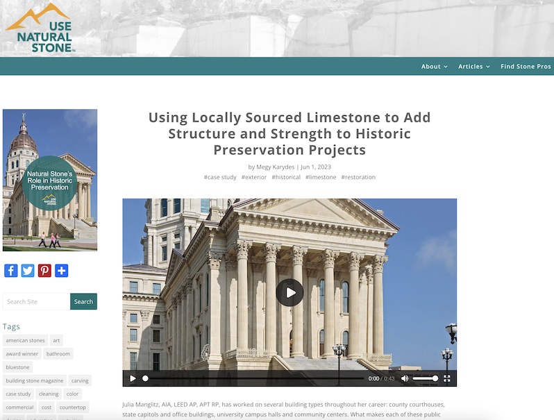 Locally sourced limestone adds structure and strength to historic buildings in the US, UseNaturalStone webpage writes