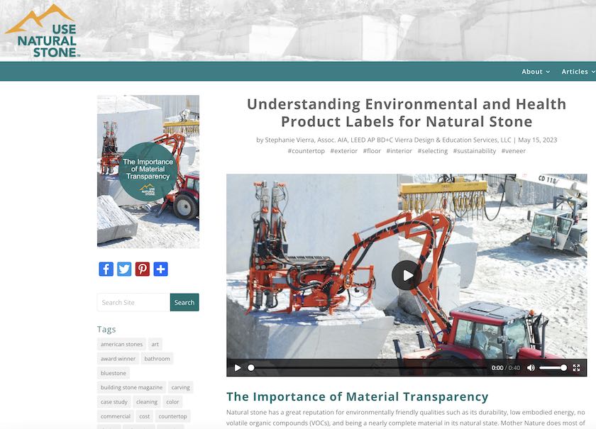 “Understanding environmental and health product labels for natural stone,“ is the title of an article on the UseNaturalStone webpage