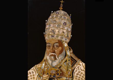 Portrait of Pope Clement VII made with marble, lapis lazuli, mother-of-pearl, limestone, and calcite (some covering painted paper or fabric cartouches) on and surrounded by a silicate black stone; designed by Jacopo Ligozzi (Italian, 1547 - 1627), produced in the Galleria de'Lavori in pietre dure (Italian, founded 1588), Executed by Tadda (Romolo di Francesco Ferrucci) (Italian, 1544 - 1621); 1600–1601; 97 × 68 cm.