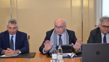 Press conference of Confindustria Ceramica, December 2023. Center: head of the association Giovanni Savorani. Source: Confindustria