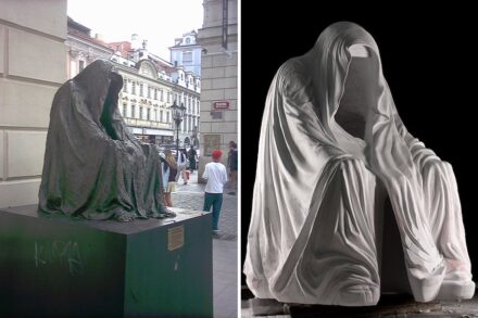Anna Chromys Statue des Komturs in Bronze (links) und in Marmor (rechts). Fotos: Eloquenc / <a href="https://commons.wikimedia.org/"target="_blank">Wikimedia Commons</a>, <a href=" https://en.wikipedia.org/wiki/Creative_Commons_license"target="_blank">Creative Commons License</a> 