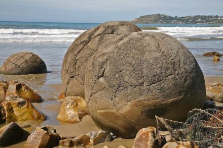 Konkretionen findet man mancherorts in großer Zahl, etwa am Moeraki Boulders Beach in der Region Otago in Neuseeland. Foto: W. Bulach / <a href="https://commons.wikimedia.org/"target="_blank">Wikimedia Commons</a>
