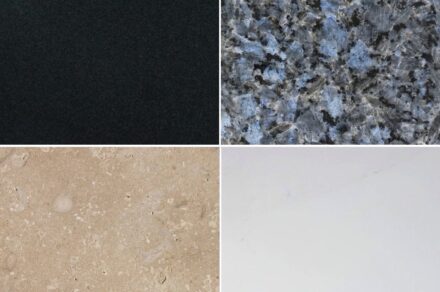Established stone varieties from the companies’ own quarries whose CEO we spoke with. Clockwise, starting top left: Granite Nero Assoluto, Marmi Ghirardi, Italy; Larvikite Lundhs Royal, Lundhs, Norway; Limestone Pietra del Mare, <a href="https://www.stone-ideas.com/93240/limestone-pietra-del-mare-grassi-pietre/"target="_blank">Grassi Pietre</a>, Italy; Marble Bianco Polaris, Nordia Marble, Greece.