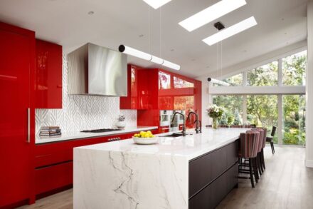 CID Awards winner Residential Stone Design: Riverside Rouge; Empire Kitchen & Bath, Calgary, Alberta.