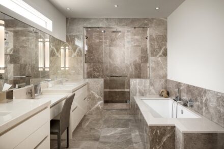 CID Award, winner Residential Stone Design: Riverside Rouge; Empire Kitchen & Bath, Calgary, Alberta.