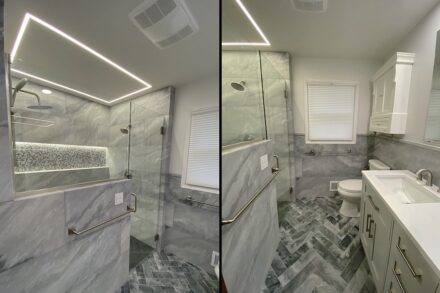 CID Award, winner Residential Stone Installation - Small Budget: Modern Yet Timeless Bathroom Remodel; Footprint Wood & Stone, Lakeville, Minn.