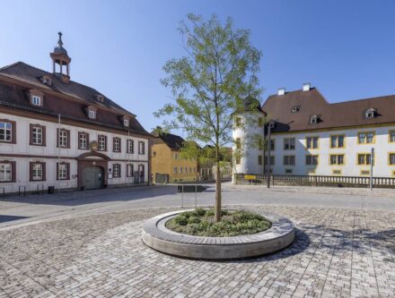 Schlossplatz Wiesentheid: Architekturbüro: Landschaftsarchitekt und Stadtplaner Dipl.-Ing (FH) Paul Böhmer, Naturstein: Muschelkalk; Natursteinunternehmen: Natursteinwerk Borst GmbH & Co. KG.