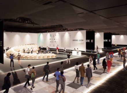 Rendering of Hall 10 with the “Walk of Stone“ in the foreground and “Ceci n'est pas un fossile” behind.